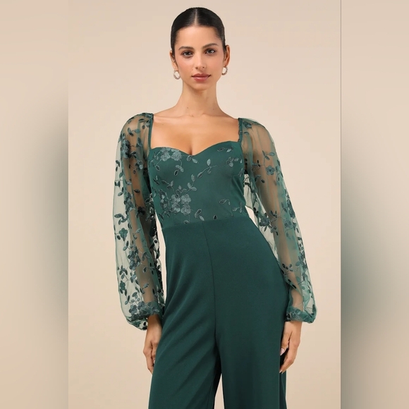 Lulus Darling Charisma Emerald Mesh Embroidered Jumpsuit M Wedding Party Evening - Picture 4 of 10